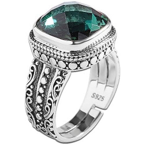 Women 925 Sterling Silver Natural Stone Green Crystal Emerald Ring Carved Vintage Ethnic Thai Silver Craft Jewelry