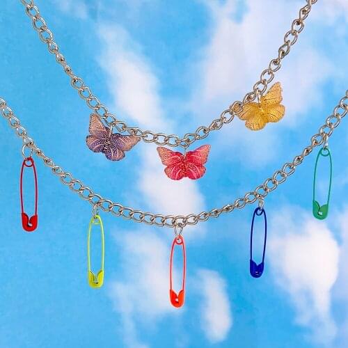 Lost Lady Fashion Jewelry Colorful Acrylic Butterfly Pendant Necklace Bead Clavicle Chain Paper Clip Necklace Womens Party Gift
