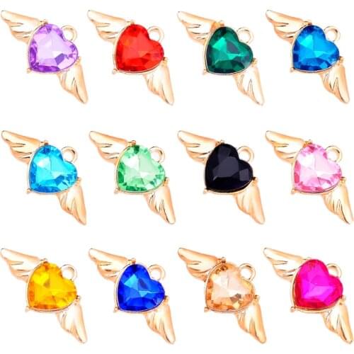 10Pcs Wholesale Multicolor Heart Angel Wing Charm for Jewelry Making Supplies Fashion Acrylic Alloy Bracelet Earring Accessories