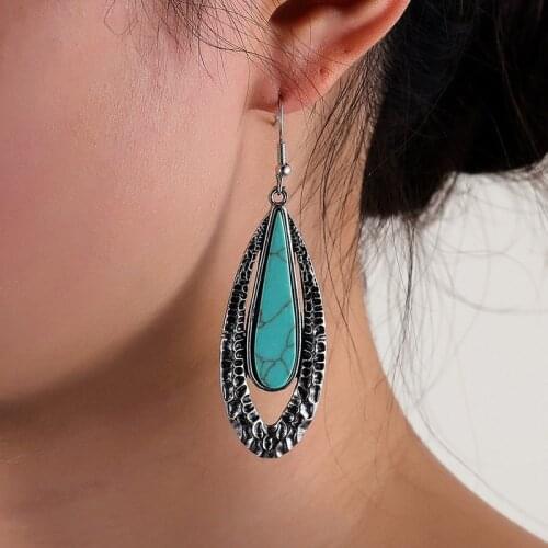 2021 New European and American Retro Bohemian Geometric Oval Earrings Personality Water Drop Turquoise Earrings Wholesale