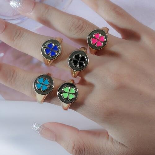 2021 Gold Color Oil Copper Rings Korean Cute Four Leaf Lucky Enamel Multicolor Rings Wonderful Choice for Women Jewelry