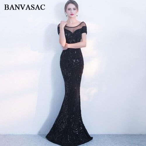 BANVASAC 2019 Illusion O Neck Sequined Mermaid Long Evening Dresses Party Short Cap Sleeve Backless Prom Gowns