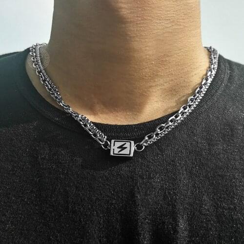 Double Layered Necklace for Men Women Stainless Steel Unique Lightning Cube Charm Box Cable link Chain 20inch LDN251