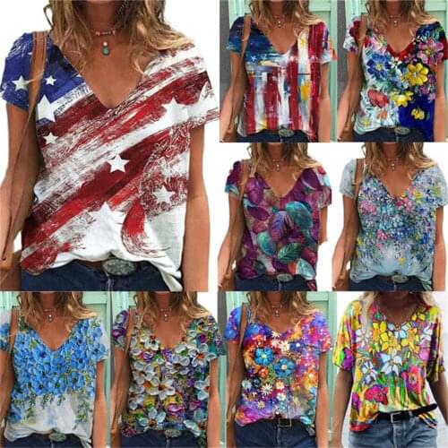 New 2021 Summer Oversized T Shirts Women V-Neck 3D National flag Gradient Tops Ladies Casual Short Sleeve Fashion Tee Clothes