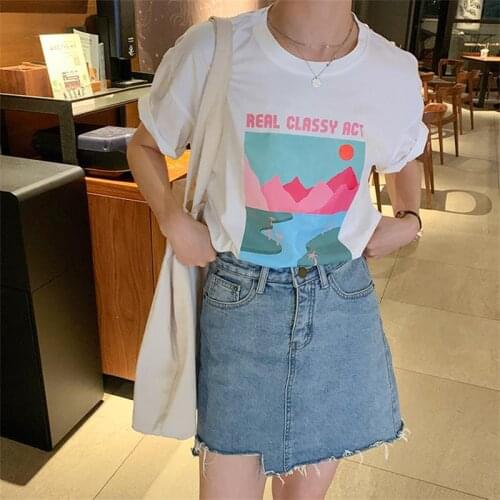 Cartoon Retro Landscape Print Tshirt Female Korean Harajuku Womens T-shirts Tops Japanese Kawaii Ulzzang Clothes For Women