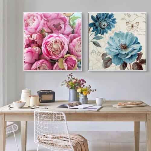 Pink and Blue Canvas Flower Painting Beautiful Living Room&Dinning Room Decoration Canvas Prints Wall Art Pictures no frame