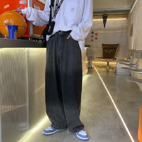 Korean Trend Loose Straight Jeans Men Women Autumn Winter New Gradient Denim Pants Couple Washed Baggy Jean Pants Blue/Black