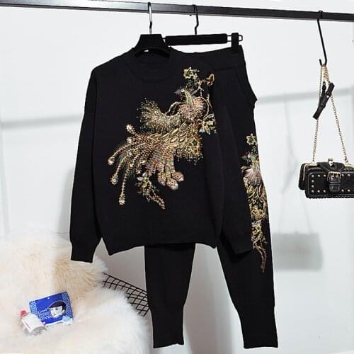 Fashion Manual Beading Embroidery Phoenix Knitted Tracksuit Set Women Black Pullover Sweater Long Pants Outfits Knit Suit Female