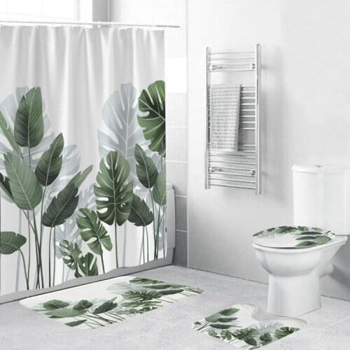 3D Green Tropical Plants Leaves Peach Printed Shower Curtain Set with Non-slip Toilet Lid Cover Mat Waterproof Bath Home Decor