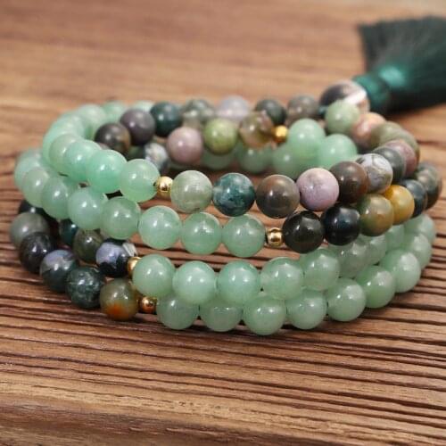 Natural Indian Agate 108 Buddha Bead African Turquoise Beads For Women Girls Yoga Tassel Long Necklaces Dropshiping