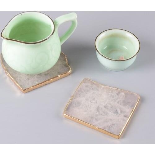 Irregular square Gems Crafts Pad Rock Quartz Shape slice Natural Stone Electroplated gold Edge Coaster Cup Beverage Holder Mat
