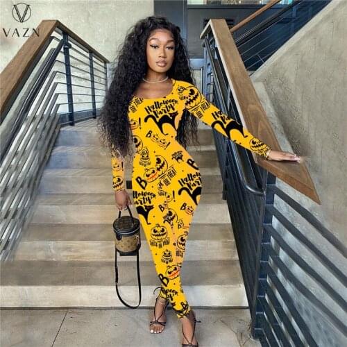 VAZN 2021 Autumn Latest Style Sexy Soft Overalls Skinny Fancy Fashion Round Neck Full Sleeve Women Pencil Jumpsuits