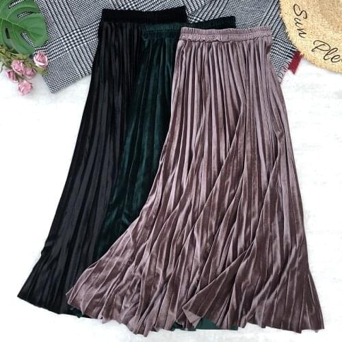 Autumn Winter Women Maxi Skirts Long High Waist Ankle Length Velvet Pleated Skirt Metallic Silver Flared Skirts Womens