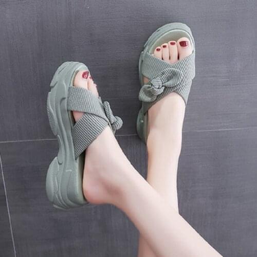 Thick-Soled Non-Slip Wear-Resistant Solid Color Bow Casual Ladies Beach Shoes, Summer Fashion Slippers, Outer Wear
