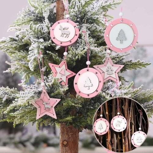 Christmas New Decorations Pink Wooden Pentagram Pendant Elk Angel Christmas Tree Hanging Pendant Ornament DIY Dropship
