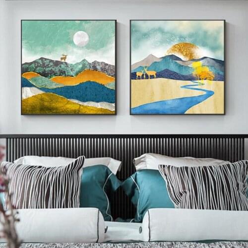 Modern Tableaux Decor Gold Foil Wall Art Picture Forest Sun Deer Canvas Painting for Living Room Nordic Style Green Poster Print