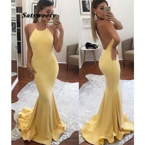 Yellow Formal Halter Evening Gowns Dress 2021 Illusion Sexy Back Long Prom Dress robe de soiree