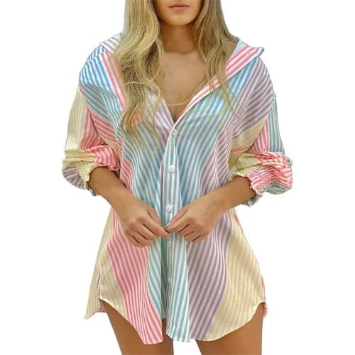 2021 Spring Autumn Women Stripe Printing Shirts Women Print Turn Down Neck Long Sleeve Button Loose T Shirt Polluver Blouse Tops