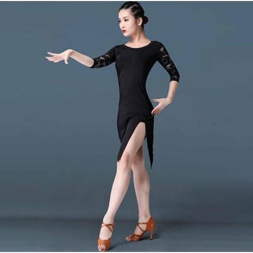 2019 new latin dance skirt adult female spring lace round neck sexy dress performance practice clothes