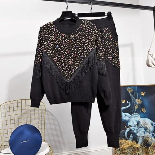 2021 Autumn Winter Tassel Sweater Set Women Fashion Long Sleeve Knitted Pullover Tops + Pants Two Piece Set Tracksuit Tide H1034