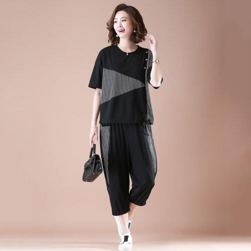 Short Sleeve Plus Size 100% Polyester Fiber Vintage Plaid Sets Women Casual Loose Woman Summer Elegant 2-Piece Set Clothes 2021