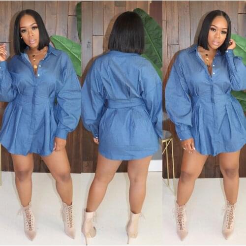 Echoine Solid Blue Denim Shirt Dress Autumn Long Sleeve Button Vintage Vestidos Elegant Jeans Streetwear Sexy Casual Vestidos