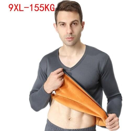 Winter Fleece Thicken Tops Large Size 8XL 9XL Mens Thermal Underwear Tops V Neck Long Sleeve 5XL Black Wine Red Cotton Tops