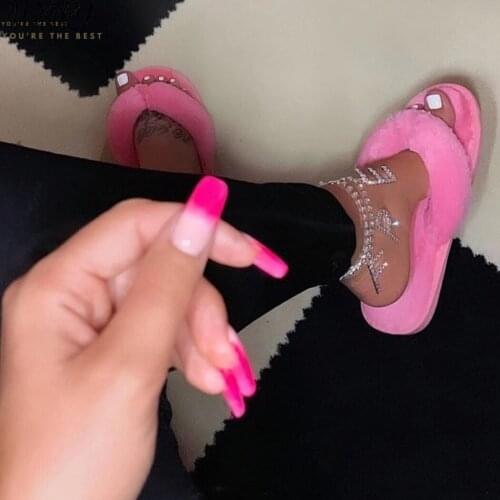 2020 Winter Fashion Women Home Slippers Faux Fur Warm Shoes Woman Slip on Flats Female Fur Flip Flops Pink Plus Size 36-41