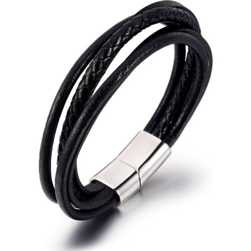 2021 New Trendy Black Color Multilayer Hand-Woven Charm Wrap Men Leather Bracelets Punk Friendship Bangle For Male Gift