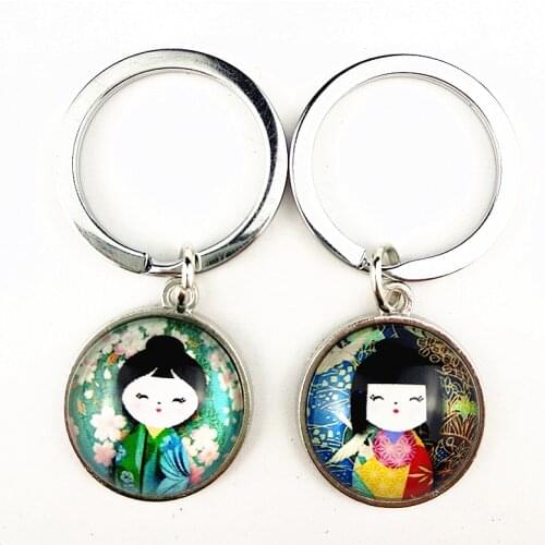 24pcs (Mixed 12 style) New style Russian Doll Keychain Japan Dolls Image Glass Gems Keyring Holder Pendant Keychains wholesale