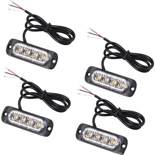 4Pcs 4 Led Amber Recovery Strobe Lights 12V 24V Orange Grill Breakdown Flashing