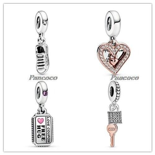 925 Sterling Silver Bead Red Enamel Heart Free Hug & Kiss Love Coupon Charm Fit Pandora Bracelets & Necklace Women Diy Jewelry