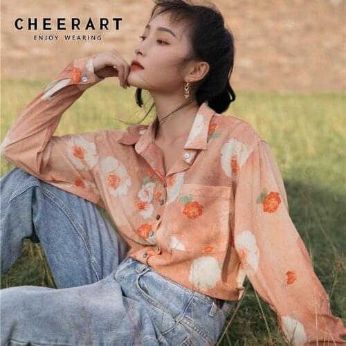 CHEERART Tie Dye Floral Long Sleeve Top And Blouse Rose Print Orange Button Up Shirt Korean Fashion Fall 2020 Women Clothing