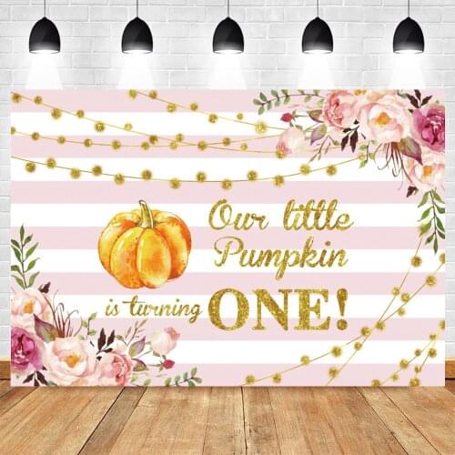 Autumn Pumpkin Pink Flower Stripe Baby Girl 1st Birthday Party Princess Backdrop Photography Background Photographic Backdrops