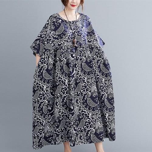 Cotton Linen Loose Women Dress Short Sleeve Summer Dress Print Floral Vintage Dress Plus Size 5XL 6XL Casual Long Maxi Dress