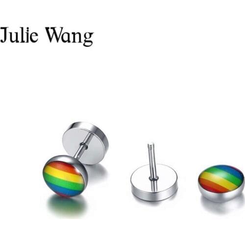 Julie Wang Colorful Rainbow Stud Earrings Men Stainless Steel Fashion Barbell Shape Earrings Punk Gay Party Jewelry