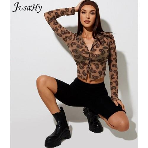 JusaHy Brown Sexy Original Designer Printed Shirt Long Sleeves Top T-shirt 2021 Summer Trend High Street Lady Office Chlothing