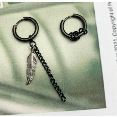 Small Hoop Earrings for Men Women With Charm Feather Hoops Dangles Black Stainless Steel Hip Hop Goth Kpop Earrings for Teens