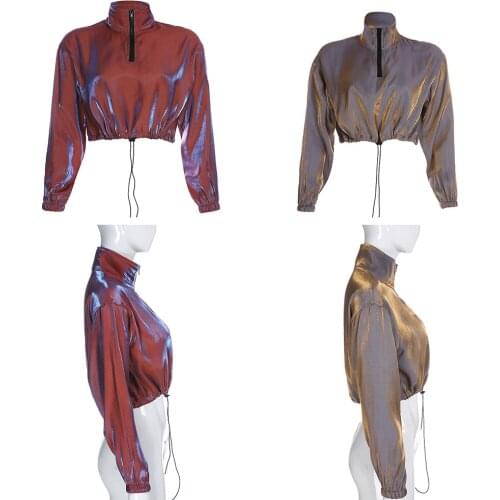 New arrival Womens 2020 Long Sleeve Mermaid Color Hoodie Women Autumn Pullover Short Sweatshirt Zippered Lapel Sweatshirt Shiny