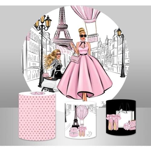 Sensfun Fashion Parisian Girl Woman Circle Round BackgrounBackdrop Pink Hot Air Balloon Birthday Party Banner table Cylinder C