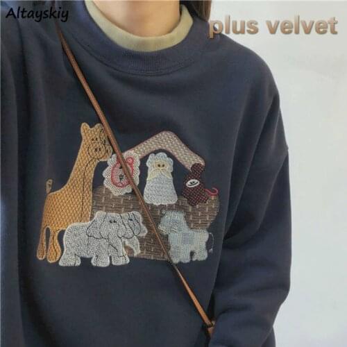 Hoodies Women Plus Velvet Loose Printed O-Neck Long Sleeve Retro Korean Style Chic Fashion Casual Womens Daily Streetwear Trendy