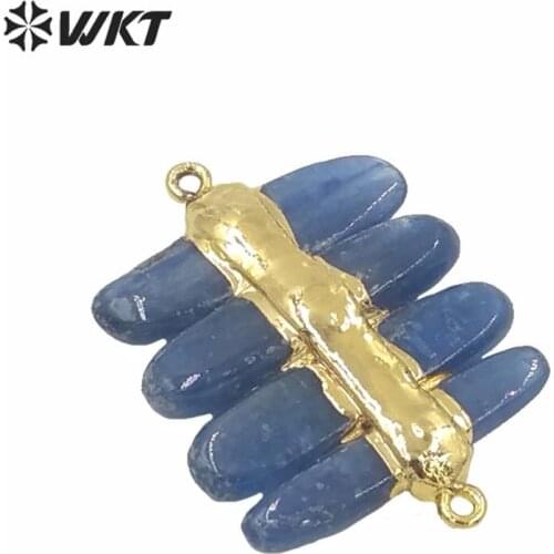 WT-P1566 Wholesale natural high quality deep blue kyanite pendants fashion gold electroplated double loops kyanite stone pendant