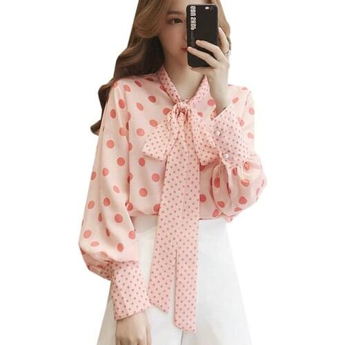 Autumn New Fall Shirts Women Lantern Sleeve Chiffon Blusas Mujer Casual Bow Polka Dot Tops Sweet Bow Tie Fashion Pink Blouses