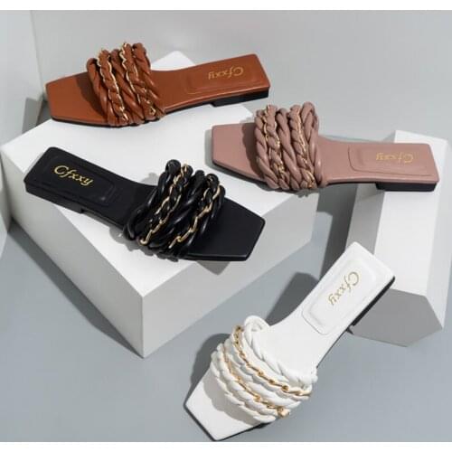 2021 Womens Slippers Fashion Woven Chain Design Sexy Open Toe Outdoors Flat Sandals Luxurious Temperament Black Woman Shoes