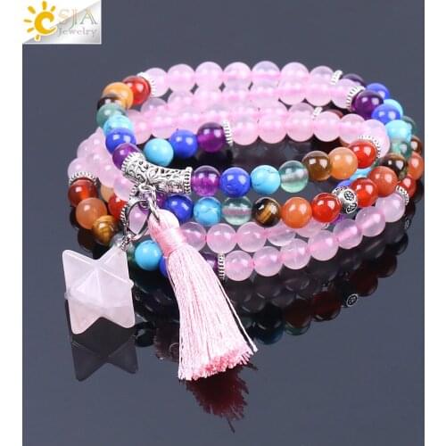 CSJA Natural Stone Pink Quartz Crystal Femme 108 Beads Strand Bracelet Necklace Tassel Pendant 7 Chakra Energy Jewellery F214