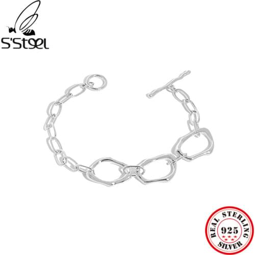 SSETEEL Geometric Design Minimalist Texture 925 Sterling Silver Gift For Women Retro Bracelets Fashion Accessories Fine Jewelry