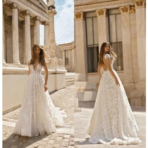 Country Wedding Dresses Boho Deep V Neck Lace Appliques Beach Wedding Dress Bohemian Backless A Line Bridal Gowns Vestidos De