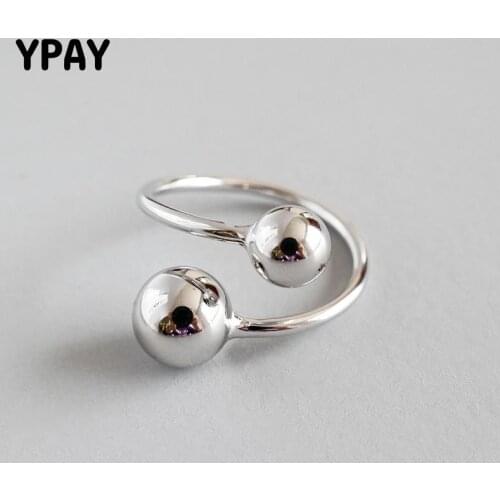 YPAY 100% Real 925 Sterling Silver Adjustable Ring Korean Style Big and Small Round Beads Open Rings for Women Jewelry YMR591