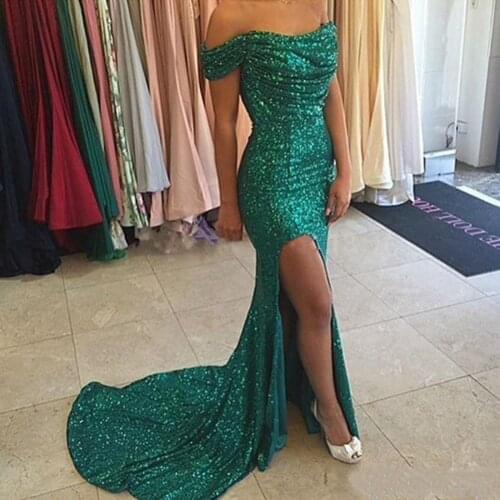 Off the Shoulder Green Sequin Mermaid Prom Dresses Long 2020 Sexy Slit Formal Gown Evening Dresses vestido de formatura longo