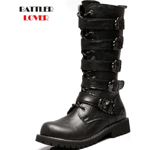 Winter Men Motorcycle Boots 2019 Fashion Mid-Calf Punk Rock Steampunk Shoes Mens Leather Black High top Buckle Casual Boot Man